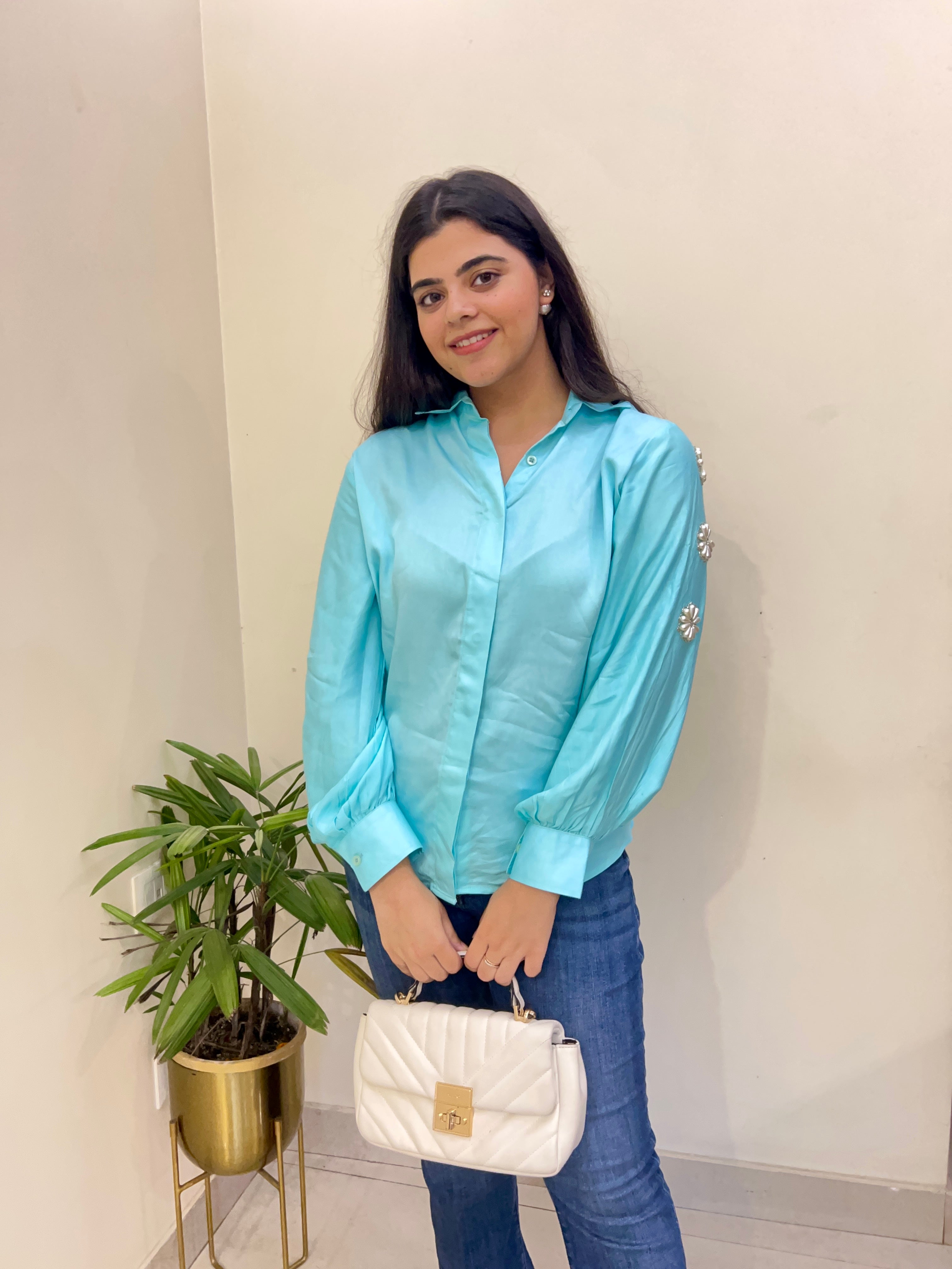 Blue Modal Shirt With Flower Detailing